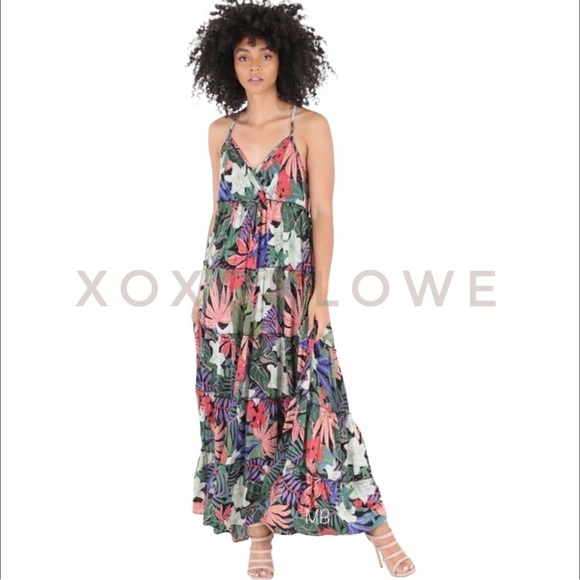 Angie Dresses & Skirts - Angie Green & Pink Tropical Flower Print Tiered Maxi Dress